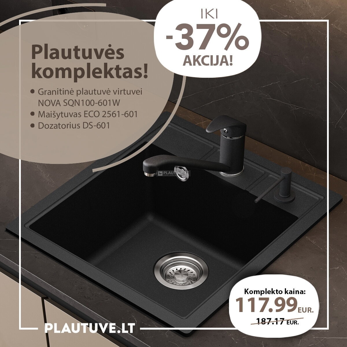 Granitinės plautuvės komplektas HELIKA SQN100-601W su maišytuvu 2561-601 ir muilo dozatoriumi DS-601, juodos spalvos 1