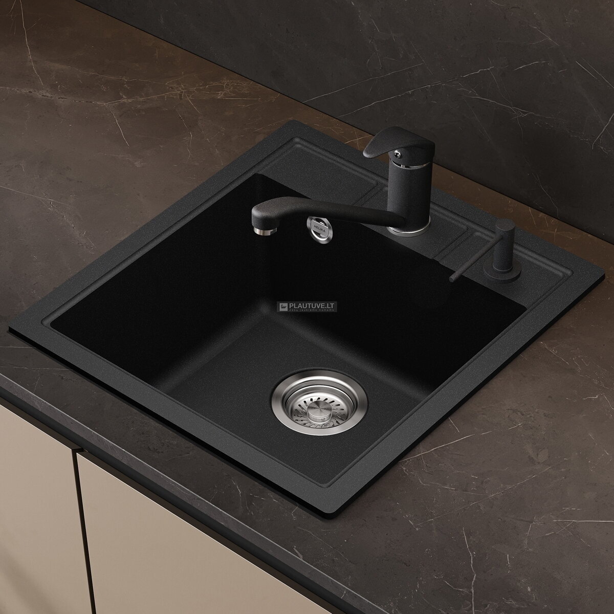 Granitinės plautuvės komplektas HELIKA SQN100-601W su maišytuvu 2561-601 ir muilo dozatoriumi DS-601, juodos spalvos Granitinės plautuvės komplektas HELIKA SQN100-601W su maišytuvu 2561-601 ir muilo dozatoriumi DS-601, juodos spalvos