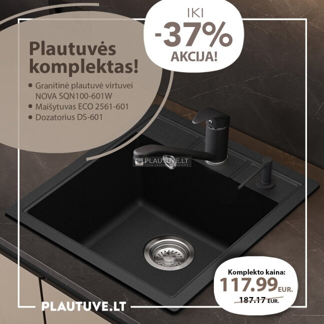 Granitinės plautuvės komplektas HELIKA SQN100-601W su maišytuvu 2561-601 ir muilo dozatoriumi DS-601, juodos spalvos 1